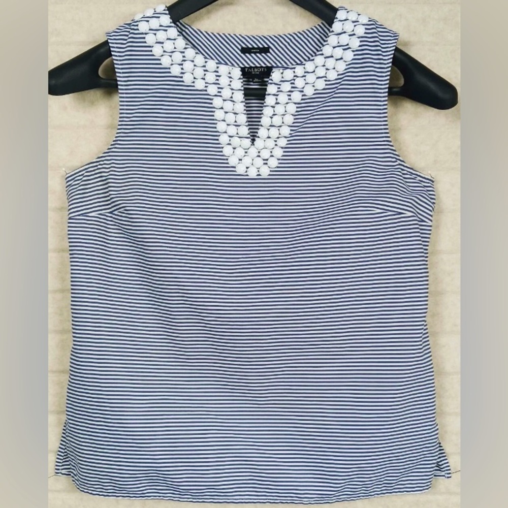 Talbots Striped Sleeveless Shell Cotton Top 12 Blue/White Beaded Lagenlook